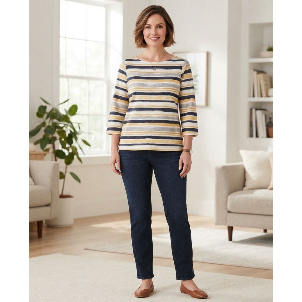 d & Co White, Black, Tan & Gray Striped 3/4 Sleeve Top Women's Size 2X Petite